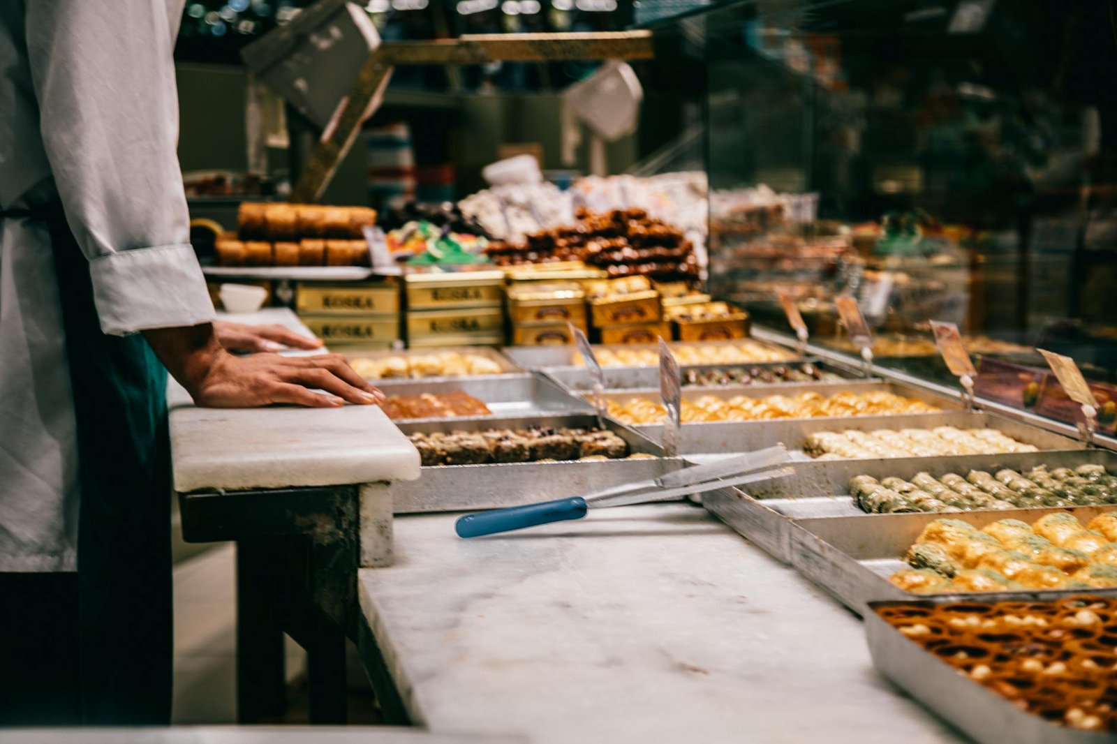 counter with turkish sweets in market